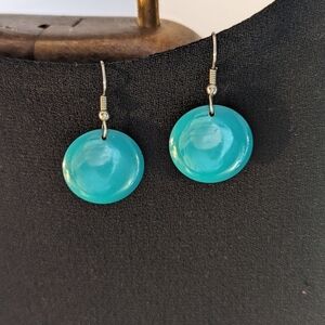 Vintage unsigned teal turquoise blue metal circles hook drop earrings.